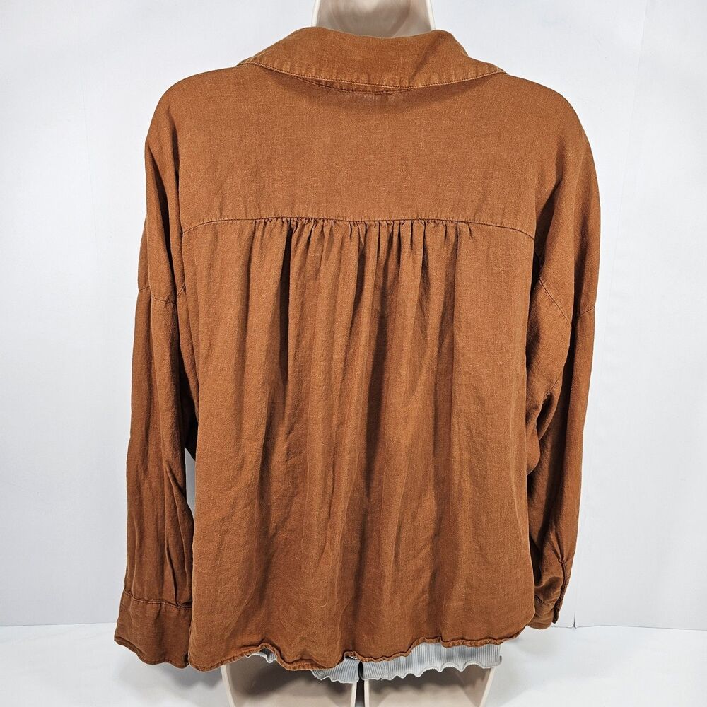Young Fabulous & Broke Traveler Linen Blend Relaxed Button Down Top Tan Rust S - Picture 2 of 5